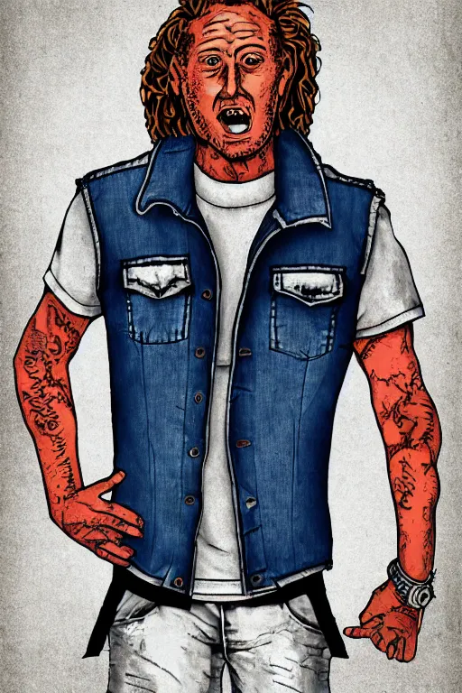 Image similar to portrait of a maniac wearing a denim vest named spike. exaggerated features. digital art. harsh lighting.