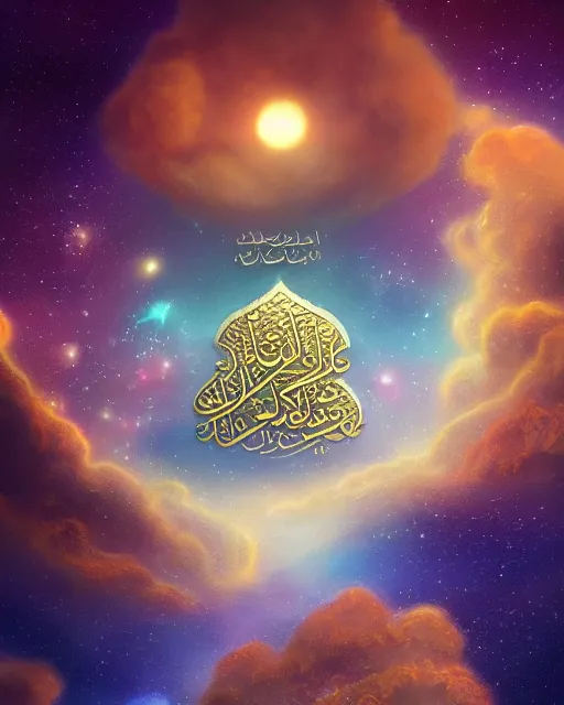 Image similar to the quran descending from the galaxy into clouds highly detailed, gold filigree, romantic storybook fantasy, soft cinematic lighting, award, pastel color palette, featured on artstation