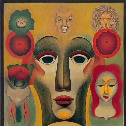 Image similar to floral face portrait by leonetto cappiello and wojciech siudmak and ernst fuchs, anni albers, oil on canvas