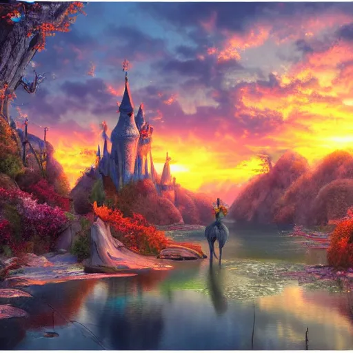 Prompt: realistic, fairytale land, sunset, detailed, trending on artstation