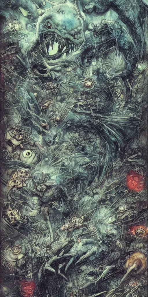 Prompt: kaiju attack tokyo by Brian Froud and James Jean, realistic materials, creepy, textures, postprocessing, iridescent, full of color, dark, horror, photorealistic, wide angle lens, unsettling