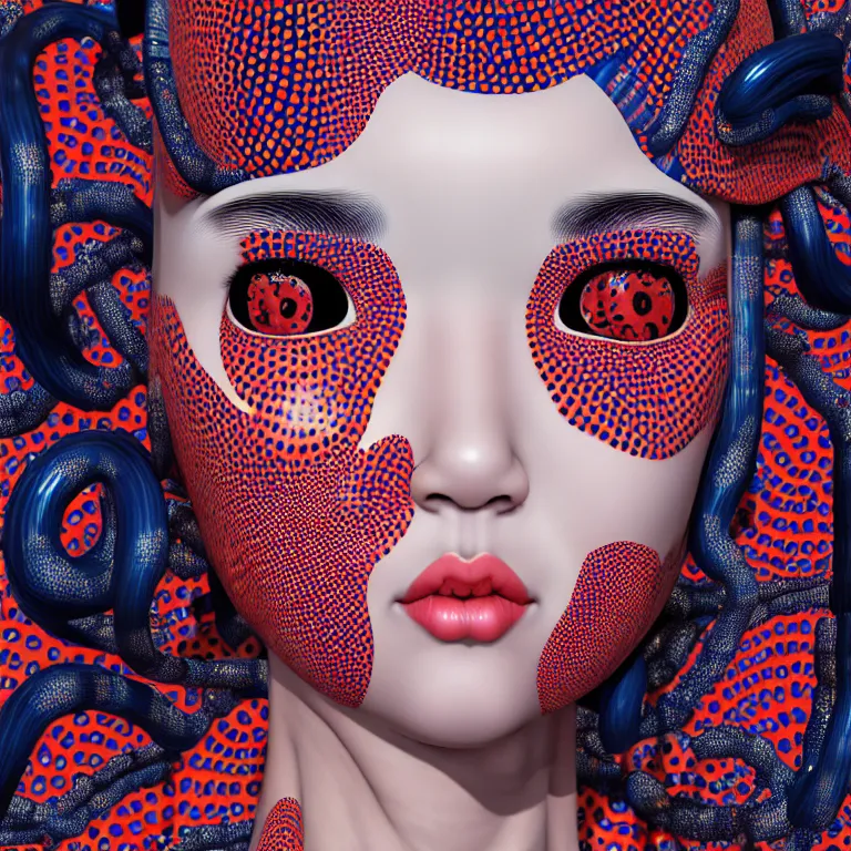 Image similar to hyperrealistic detailed image of a geisha in a art installation room, hd smooth interior by yayoi kusama, part by kei mieno, part by ross tran, dark art by james jean, ultra realistic, highly detailed, life like face, detailed body, 8 k, 3 d render by roger magrini, very cohesive, masterpiece