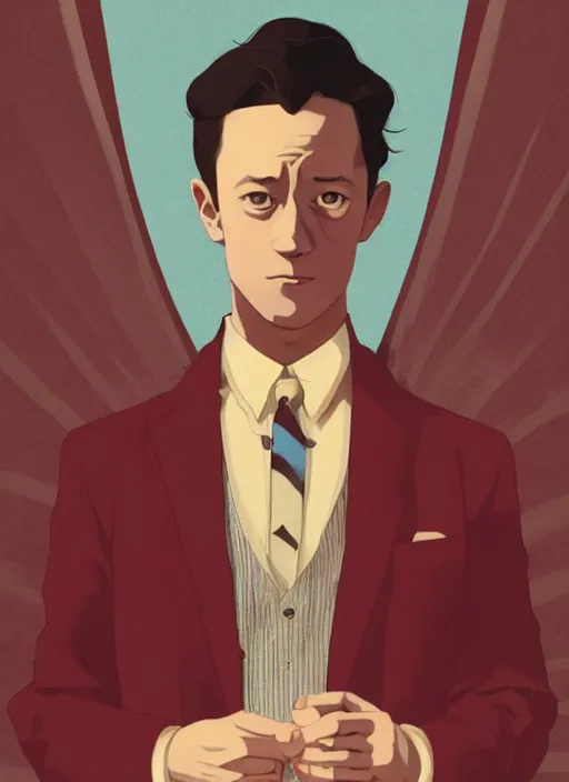 Prompt: artwork by Michael Whelan, Bob Larkin and Tomer Hanuka, of a solo individual portrait of Joseph Gordon-Levitt wearing a 1920s red striped outfit, dapper, he's a singing telegram, from scene from Twin Peaks, simple illustration, domestic, nostalgic, from scene from Twin Peaks, clean, full of details, by Makoto Shinkai and thomas kinkade, Matte painting, trending on artstation and unreal engine