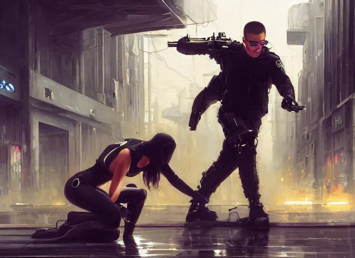 Image similar to Maria evades sgt Nash. Cyberpunk hacker in jumpsuit escaping menacing police troopers (blade runner 2049). beautiful face. Epic painting by john william waterhouse and Edwin Longsden Long and Theodore Ralli and Nasreddine Dinet, oil on canvas. Cinematic, hyper realism, realistic proportions, dramatic lighting, high detail 4k