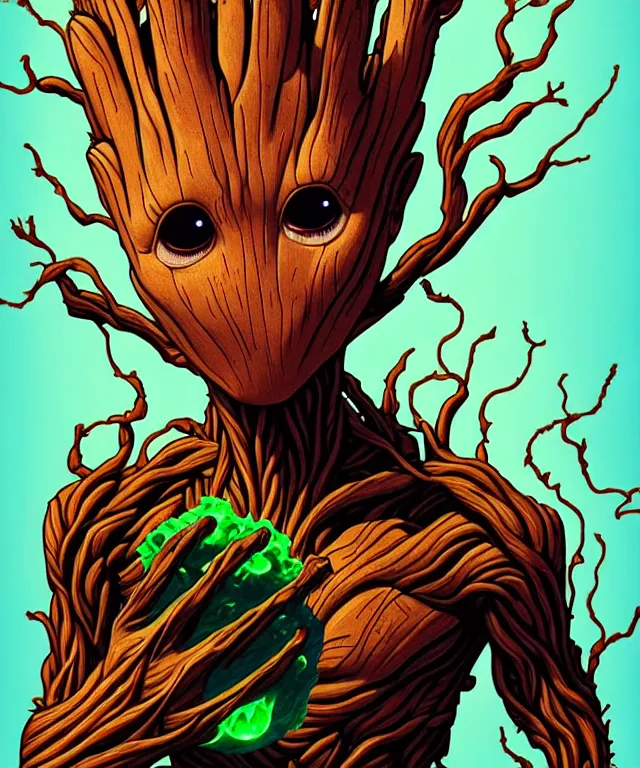 Image similar to groot being burned on fire, happy face, digital illustration by jenny frison and sana takeda and kentaro miura, fine inking lines, vivid colors, dnd, highly detailed!, hd, 4 k, trending on artstation