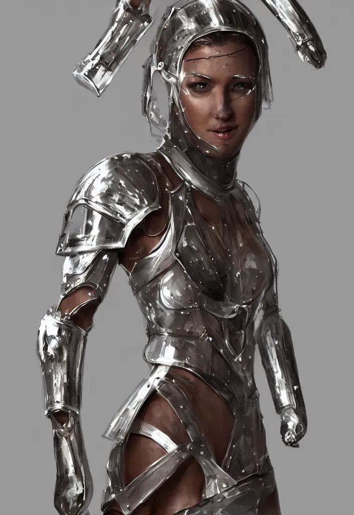 Prompt: exotic tanned female muscular warrior wearing light transparent glass crystal shard armour, transparent plastic clothing with circuit board pattern underneath, dirt and sweat on body, elegant face, smudged running makeup, straps belts and harnesses, urban style, trending on artstation, concept art, matte painting