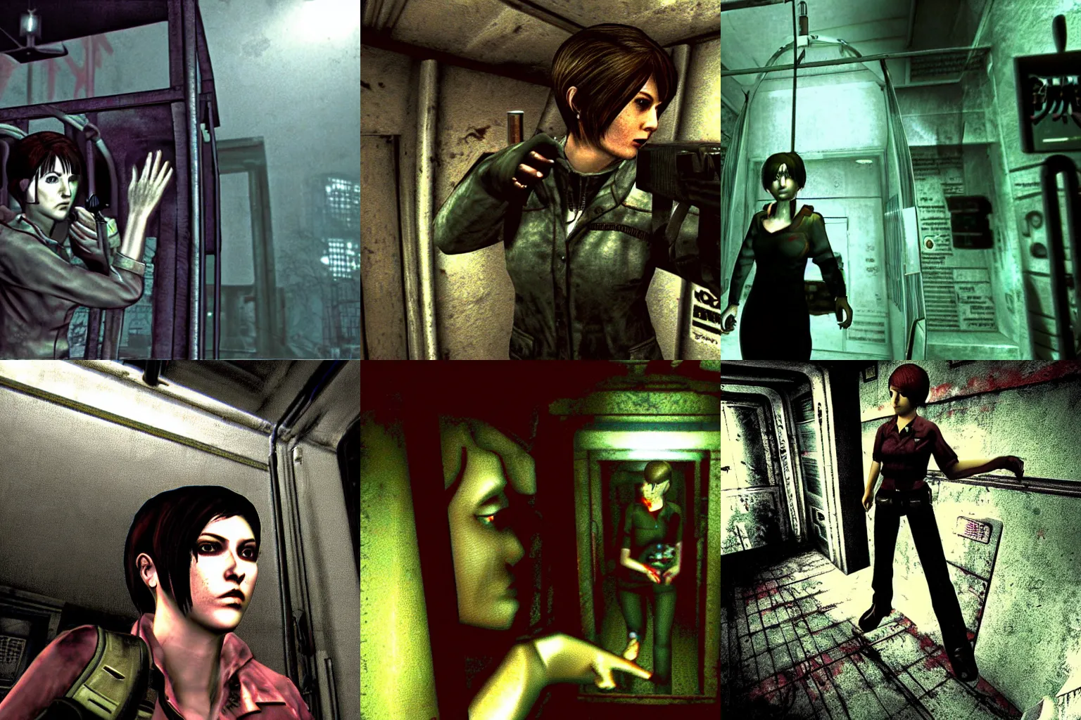 Prompt: Rebecca Chambers from Resident Evil is searching for zombies in a cable car. Dreamcast game screenshot. dark and scary atmosphere. third person game.
