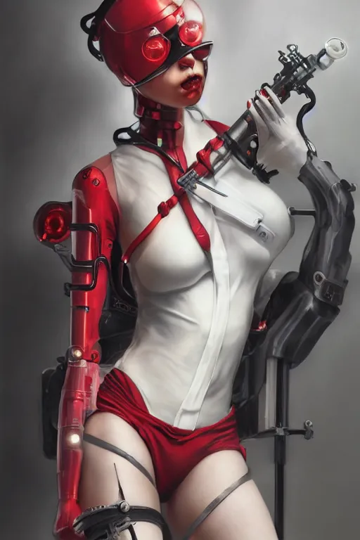 Image similar to covid - 1 9 nurse holding a syringe, wearing nurse bikini armor, black and white and red bodysuit, cyberpunk, neo - gothic, by tom bagshaw and alphonse mucha and atey ghailan and artgerm and and greg rutkowski and hajime soriyama, ultra detailed, hyper realistic, octane render, trending on artstation