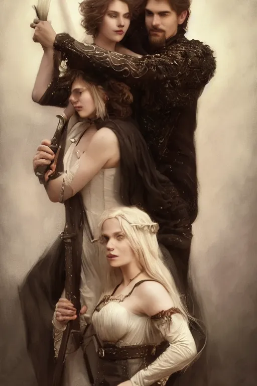 Image similar to a portrait of handsome young male nordic Satan and his elegant beautiful nordic witch wife, bored, illustration, dramatic lighting, soft details, painting oil on canvas, art nouveau, octane render, HDR, 4k, 8k, HD, by Edmund Blair Leighton, Brom, Charlie Bowater, trending on artstation, faces by Tom Bagshaw, Sargent