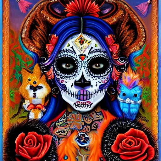 Prompt: a photorealistic portrait of dia de los muertos sugar skull fox character wearing long fluffy furs, themed on a peacock, painting by jeff easley, stylized, neon, black velvet, bowling alley carpet, dnd beyond, fae wilds sky