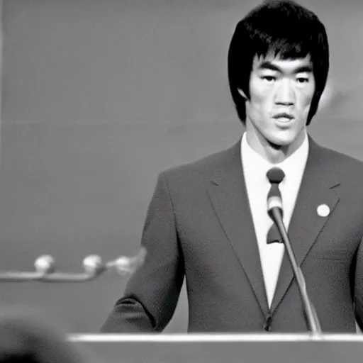 Image similar to bruce lee is president of the united states, wearing a suit, giving a speech, podium, bruce lee, state of the union, congress watching