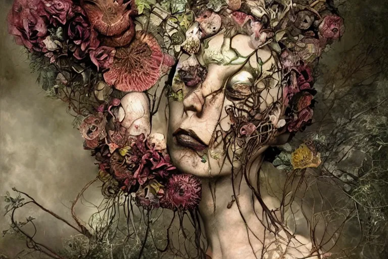 Image similar to beautiful and detailed rotten woman corpse with fractal plants and fractal flowers and mushrooms growing around, face muscles, veins, arteries, intricate, ornate, surreal, ray caesar, john constable, guy denning, dan hillier