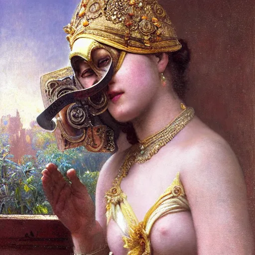 Prompt: detailed full body of hindu traditional girl blindfolded high - tech vr headset in baroque style, girl graceful,, painting by gaston bussiere, craig mullins, j. c. leyendecker, lights, art by ernst haeckel, john william godward, hammershøi,,