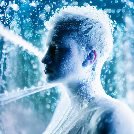 Image similar to futuristic female soldier eyes closed partly submerged in highly viscous clear fluid, frost particles, ice needles, cold blue light, complex hyperdetailed technical suit. white hair flowing. reflection. rays and dispersion of light. volumetric light. 5 0 mm, f / 3 2. noise film photo. ultra realistic, wide angle.