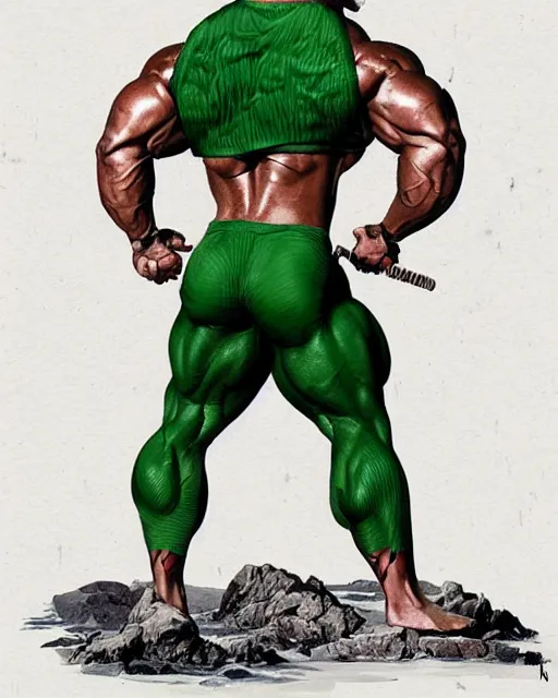 Image similar to gigachad ron swanson bodybuilder wearing green in final fight mountain by ilya kuvshinov, ernest khalimov body by krista sudmalis, fantasy character portrait, ultra realistic, concept art, intricate details, elegent, digital painting, smooth, sharp focus, illustration, art by artgerm and greg rutkowski and alphonse mucha, artstation