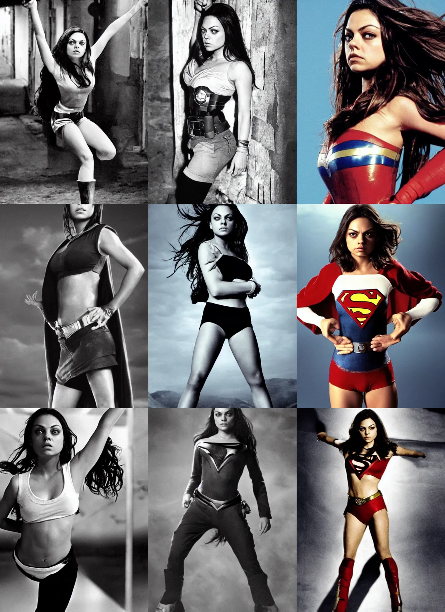 Prompt: epic shot of mila kunis in hero pose, superwoman, 1 9 6 0