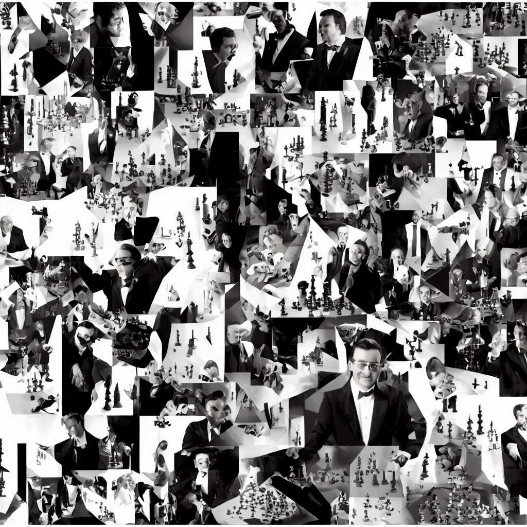 Prompt: Adam Aaron CEO of AMC playing Chess against Evil Shadow Creatures wearing tuxedos. Photocollage.