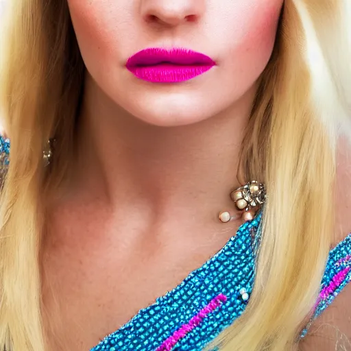 Prompt: close up headshot of a princess with long blonde hair and light blue eyes wearing a strapless elaborately beaded pink dress, high resolution film still, 8k, HDR color, film by Simon Langton and David Frankel, triangular face, slight freckles, round narrow chin, straight jawline, subtle light pink lipstick, cheekbones