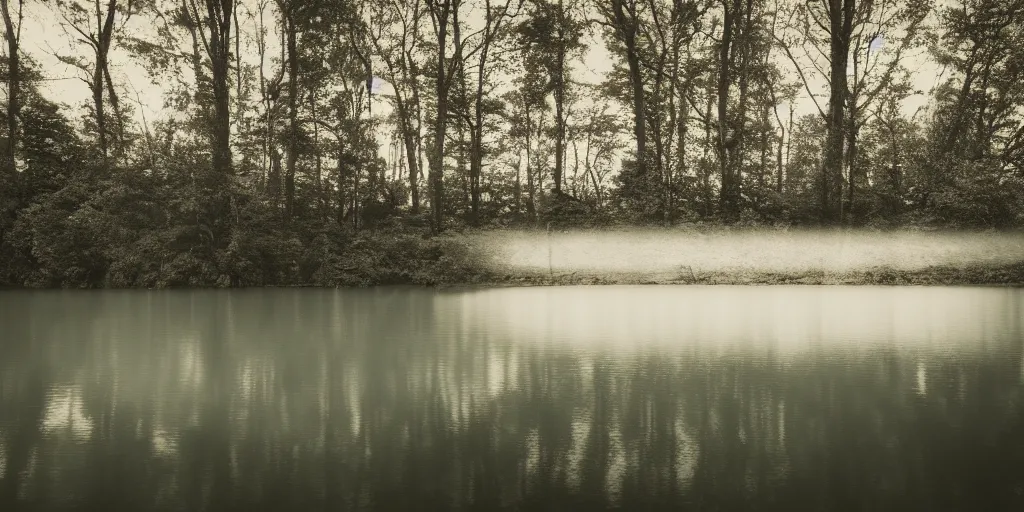 Image similar to centered photograph of a rope floating on the surface of the water, dark lake on a cloudy day, color film, trees in the background, hyper detailed photo, anamorphic lens