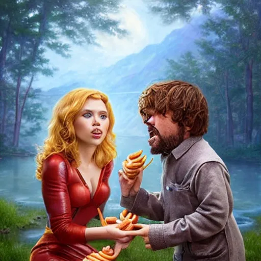 Image similar to portrait of peter dinklage sharing hotdogs with scarlett johansson, an oil painting by ross tran and thomas kincade w 7 6 8