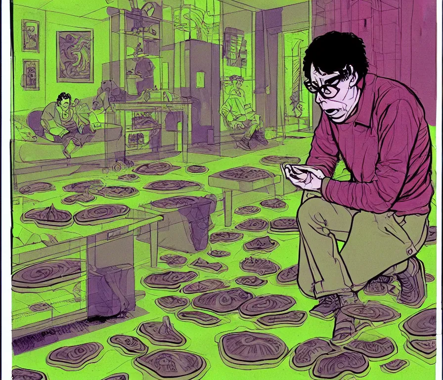 Image similar to character study of todd solondz tripping on mushrooms | vivid colors : storyboard, concept design, realistic. by gabriel hardman, joe alves, j. todd anderson, chris bonura. cinematic atmosphere, detailed and intricate, perfect anatomy