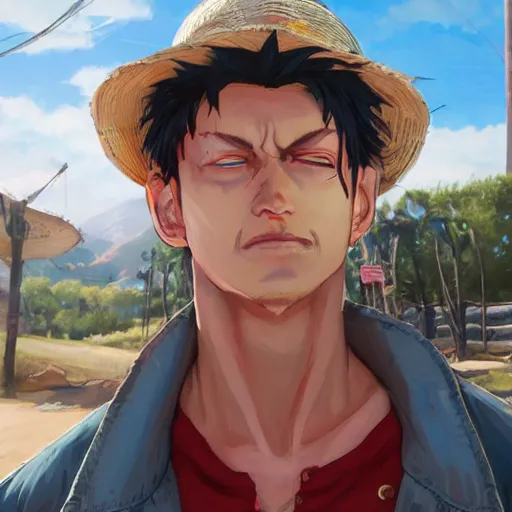 Image similar to highly detailed portrait luffy in gta v, stephen bliss, unreal engine, fantasy art by greg rutkowski, loish, rhads, ferdinand knab, makoto shinkai and lois van baarle, ilya kuvshinov, rossdraws, tom bagshaw, global illumination, radiant light, detailed and intricate environment