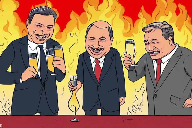 Image similar to viktor orban winking and drinking champagne with putin in front a burning city, line art