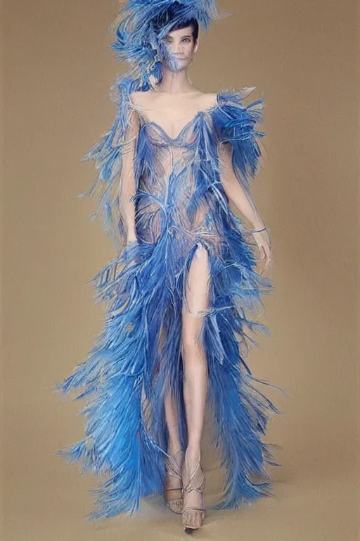 Prompt: a translucent feminine dress made of feathers, fashion design, stylized, oil painting