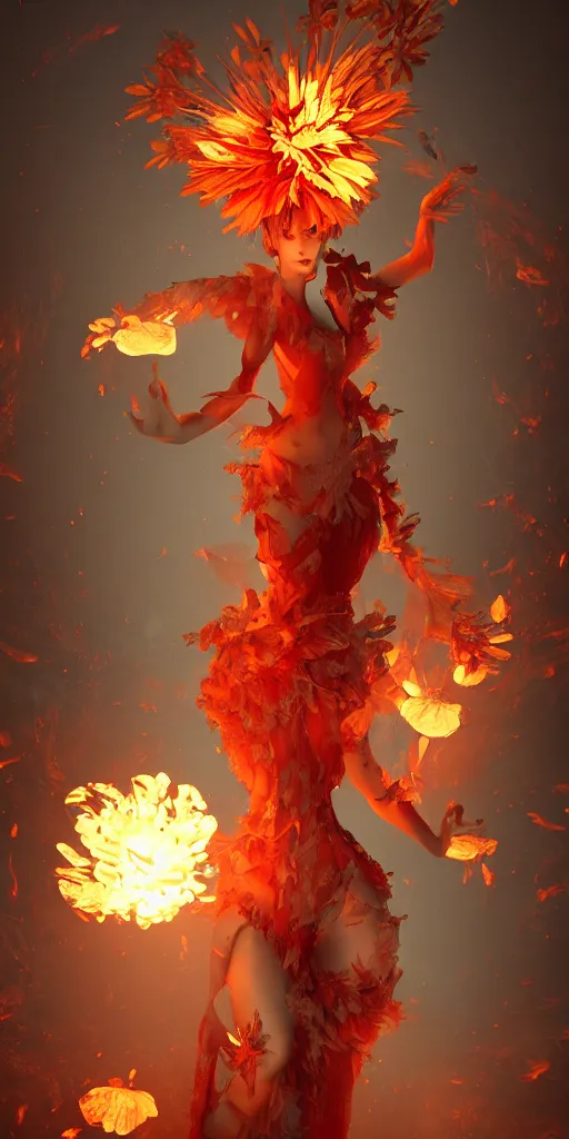 Image similar to Rerolling prompt underworld dungeon, closeup of an anthropomorphic fire goddess wrapped in a flowing couture flaming tissue paper, holographic chrysanthemums, fire origami flowers, heavenly light, 3D, very detailed, octane render, trending ArtStation, artgem