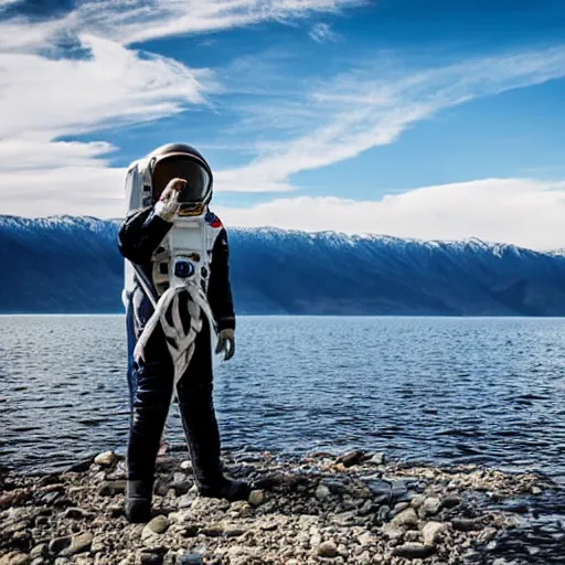 Image similar to an astronaut standing in the water of Lake Baikal and looking at the mountains. Photo by professional. Nikkor