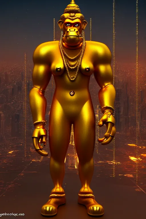 Image similar to high quality 3 d render cyborg gold hanuman! with nose piercings, cyberpunk highly detailed, mumbai in the background, unreal engine cinematic smooth, in the style of blade runner & solaris, hannah yata charlie immer, moody light, low angle, uhd 8 k, sharp focus