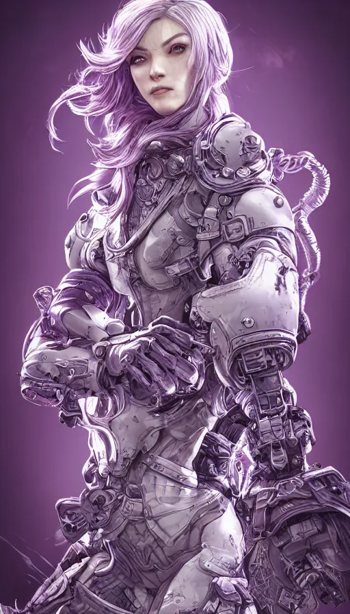 Prompt: portrait of a pale woman in power armor with flowing purple hair, elegant, stoic, intense, ultrafine hyperdetailed illustration by kim jung gi, irakli nadar, intricate linework, sharp focus, bright colors, octopath traveler, final fantasy, hearthstone, highly rendered, global illumination, radiant light, detailed, intricate environment