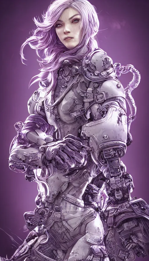 Image similar to portrait of a pale woman in power armor with flowing purple hair, elegant, stoic, intense, ultrafine hyperdetailed illustration by kim jung gi, irakli nadar, intricate linework, sharp focus, bright colors, octopath traveler, final fantasy, hearthstone, highly rendered, global illumination, radiant light, detailed, intricate environment