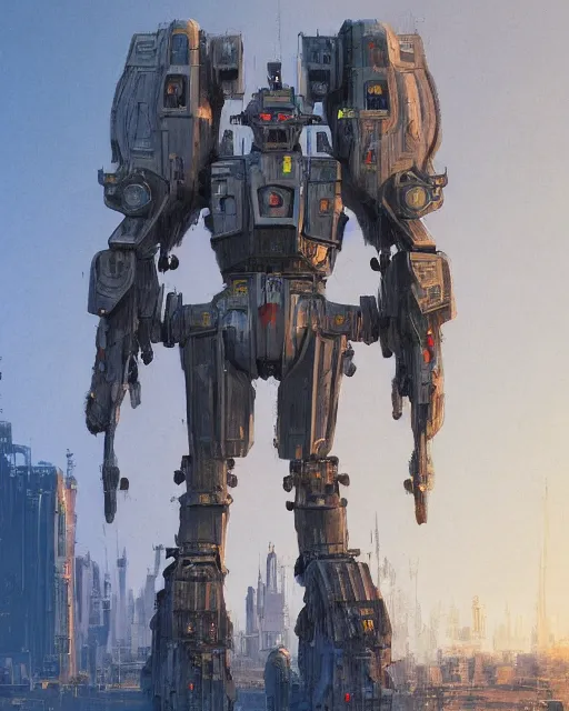 Prompt: an urban combat mech in the style of jean giraud / ralph mcquarrie / syd mead / john berkey hyper detailed photorealistic highlights and shadow hd 8 k post - processing high resolution concept art