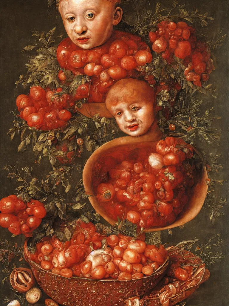 Prompt: a boy sitting in a tub full of tomato sauce, by giuseppe arcimboldo, renaissance, portrait, fruit, detailed oil paint, high definition