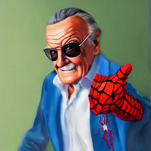 Prompt: photorealistic painting of stan lee wearing a spider - man costume but holding the mask in his hand, happy, 4 k
