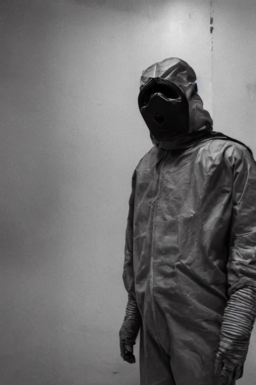 Prompt: .dalle gentleman in nuclear protective clothing with mask in the midst of the debasement. realistic, very realistic cinematographic, photo, photorealistic