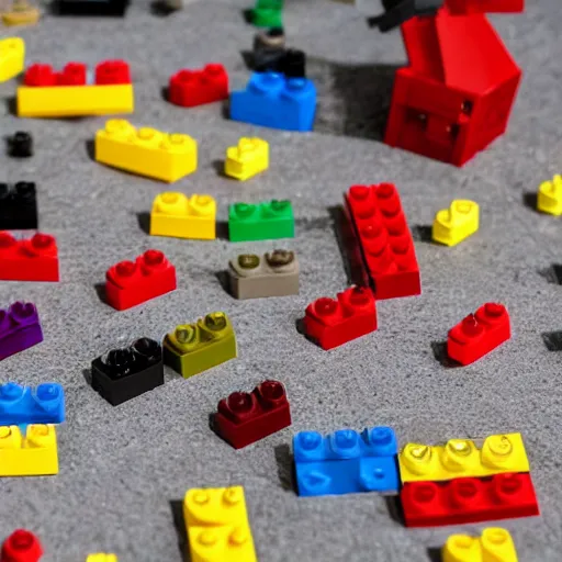 Image similar to parts of dismembered lego minifigure scattered along table, blood, guts