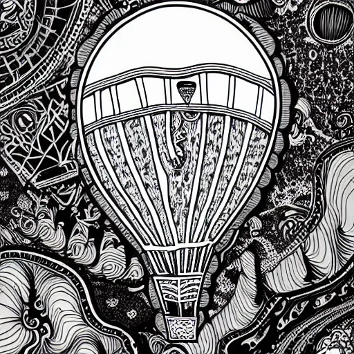 Prompt: a victorian air balloon over a fantasy landscape, sticker illustration by joe fenton , black and white, line art, intricate details