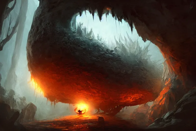 Prompt: a monster emerging from a dark egg in a cave, digital painting, trending on artstation, deviantart, 8k, epic composition, intrinsic details, AAA graphics