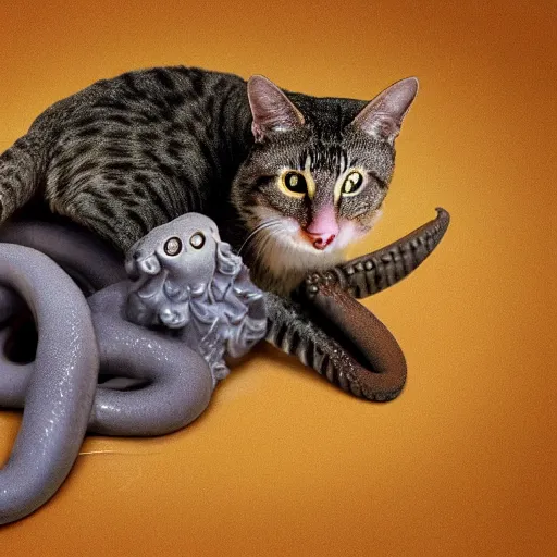 Image similar to hybrid cat and octopus, photograph, highly realistic