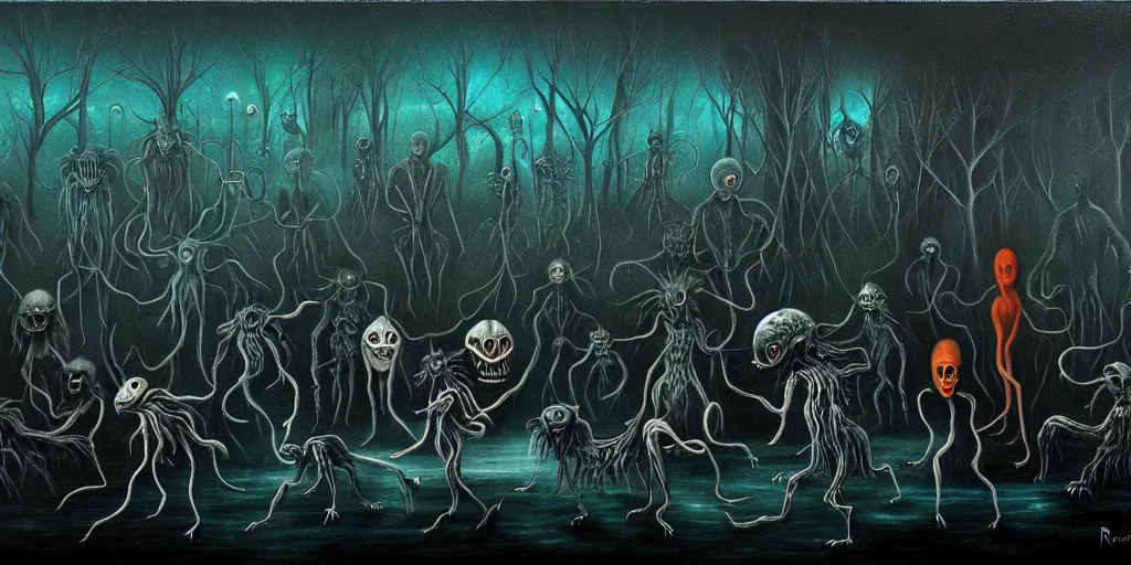 Image similar to creatures lurking in the collective unconscious, in a dark surreal painting by ronny khalil