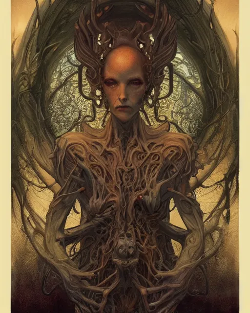 Image similar to perfectly centered portrait front view of a dead rotten daemon growing ornamentation, ornate, detailed, symmetrical, elegant, beautifully soft lit, by wayne barlowe, peter mohrbacher, kelly mckernan