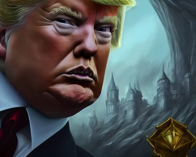 Image similar to photography of donald trump!!!!, deep focus, d & d, fantasy, intricate, elegant, highly detailed, digital painting, artstation, concept art, matte, sharp focus, illustration, hearthstone