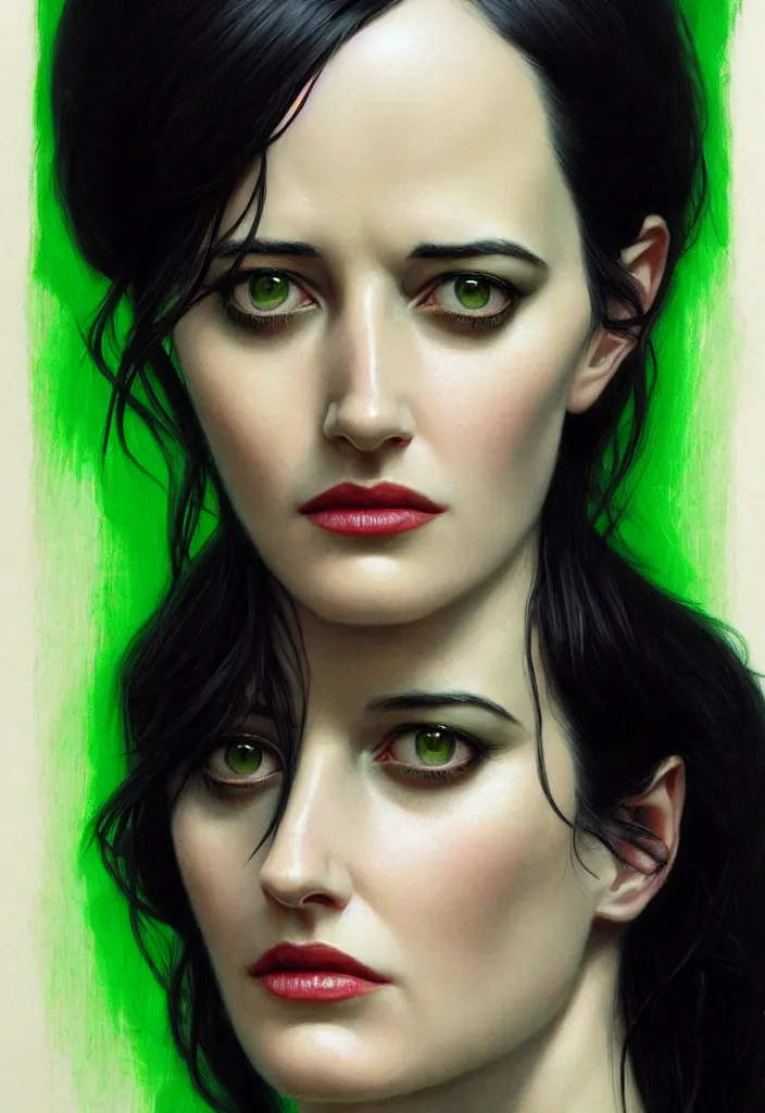 Image similar to portrait of eva green, black hair, green eyes, elegant, real life skin, intricate artwork, high detailed, artstation, concept art, smooth, sharp focus, art by artgerm and greg rutkowski @ ruprechy