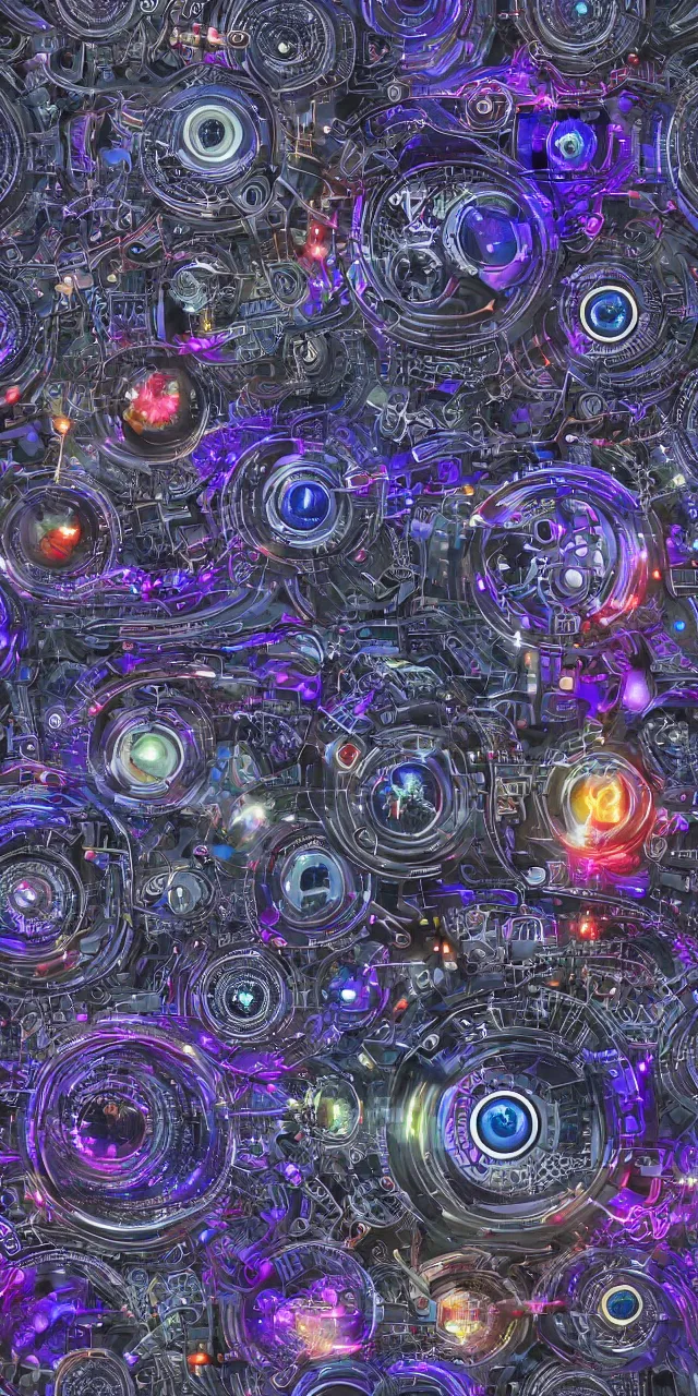 Prompt: a seamless pattern of Cybernetic Eye with intricate reflections and circuits, colorful, fantasy, vivid colors, large motifs, concept art, sharp focus, digital art, Hyper-realistic, 4K, Unreal Engine, Highly Detailed, HD, Dramatic Lighting by Brom, trending on Artstation, photorealistic, masterpiece, smooth gradients, no blur, sharp focus,insanely detailed and intricate, cinematic lighting, Octane render, epic scene, 8K