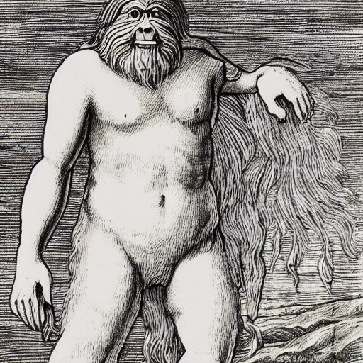 Image similar to detailed illustration, bigfoot in the style of leonardo da vinci,