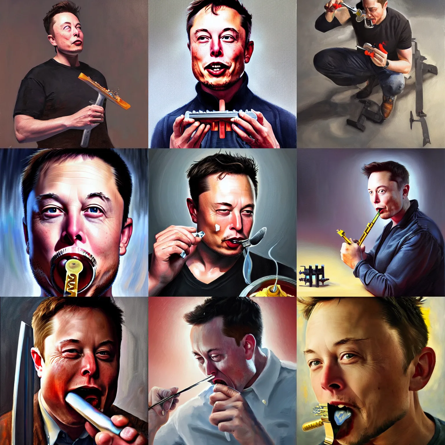 Prompt: elon musk eating a wrench, oil painting, beautiful, high detail, cgsociety