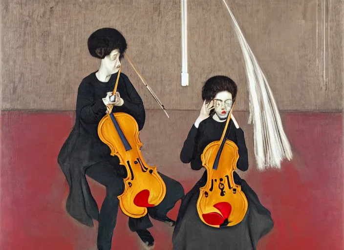 Image similar to two violin young violin players din distress, francis bacon and pat steir and nicolas party and hilma af klint, james jean, psychological, intriguing details, altermodern