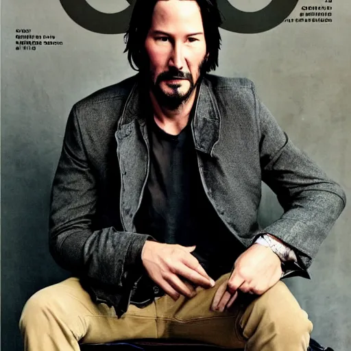 Prompt: GQ picture of Keanu Reeves sitting on a bench looking sad -35 mm - Calvin Klein Jacket ($599) Seven for all mankind jeans ($225)